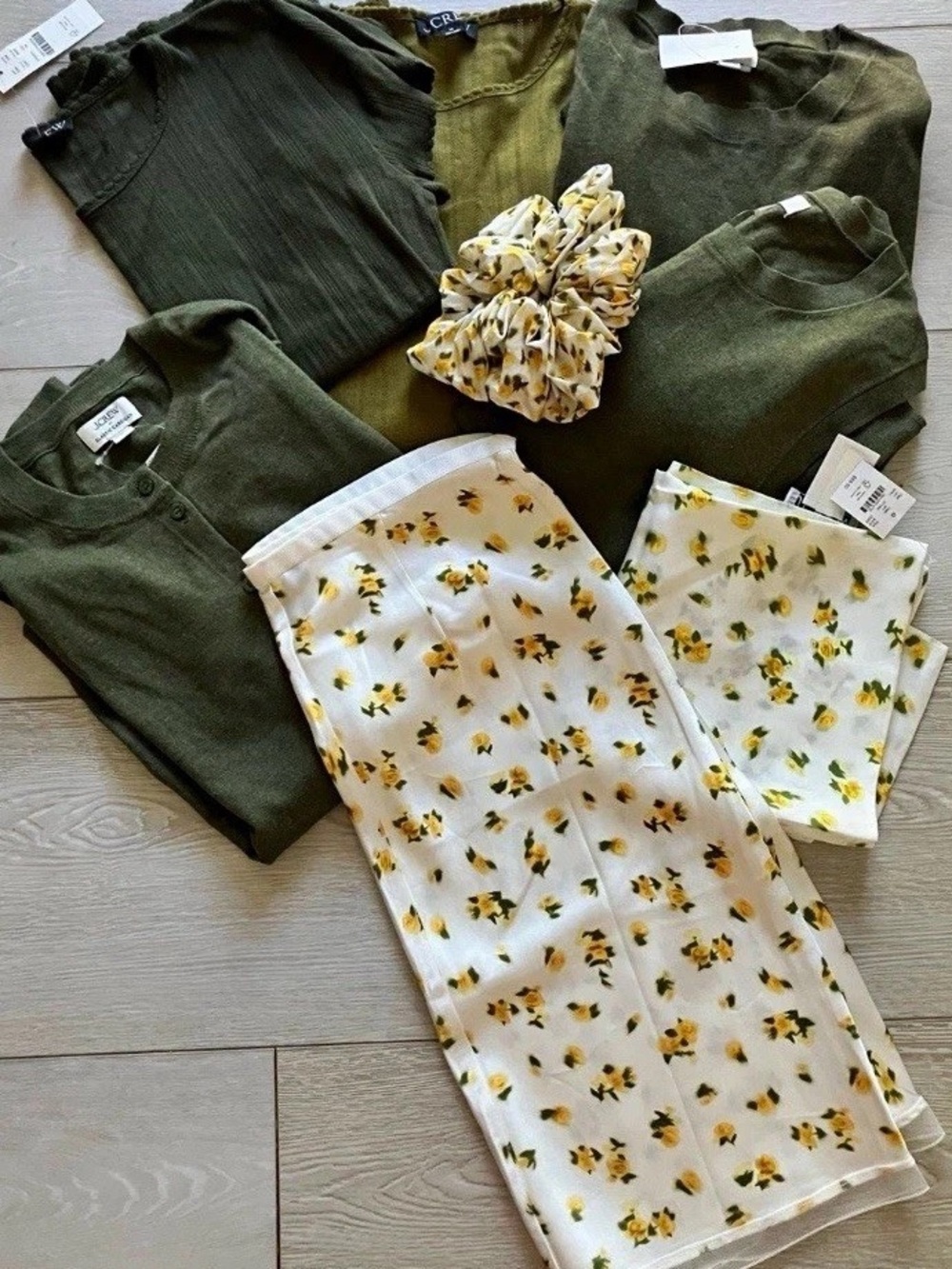 8 piece lot of J. Crew Olive Green Sweaters, Gwen Floral Skirt, Scaf Set (NEW)